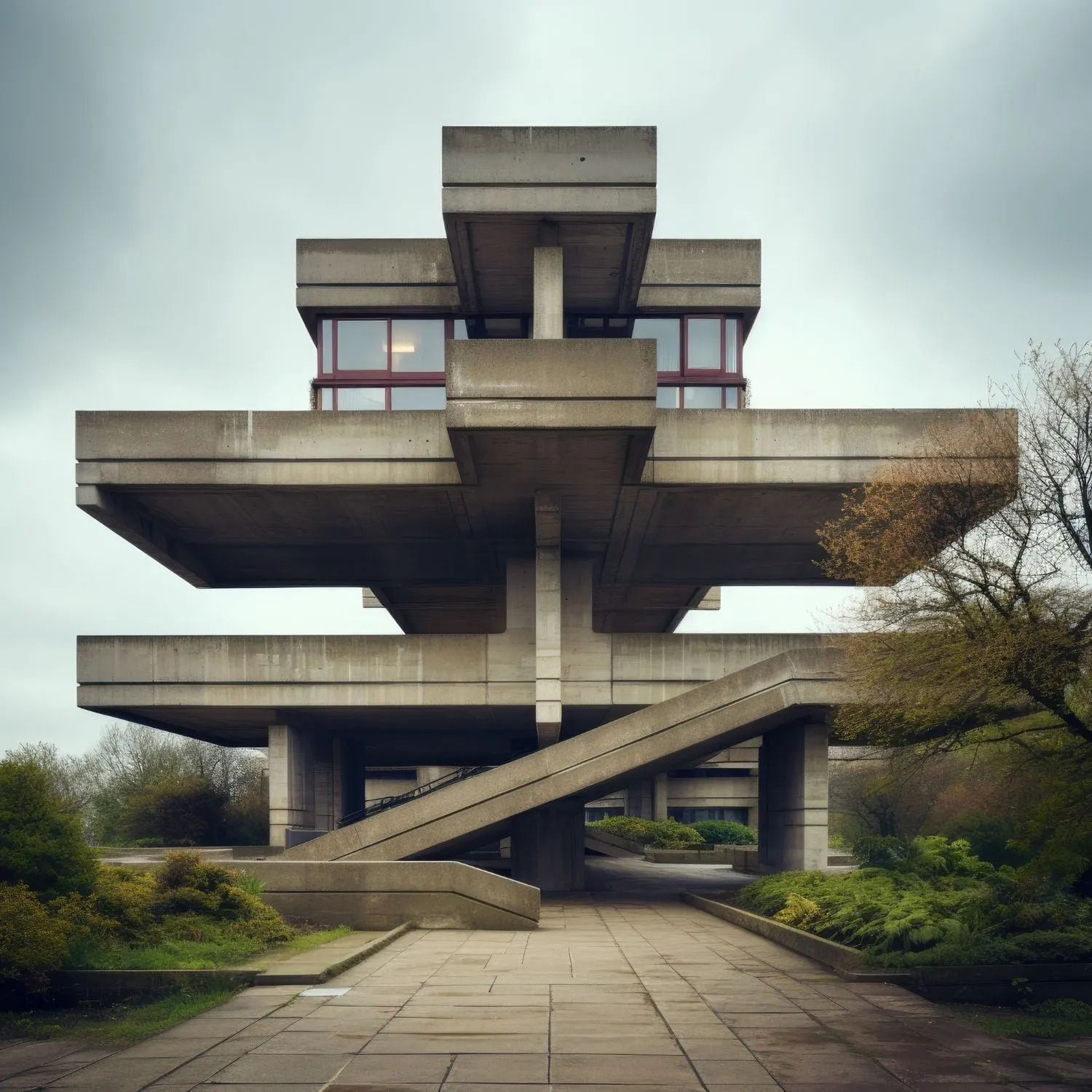 Ein grosses Betongebäude mit Treppen, die hinaufführen