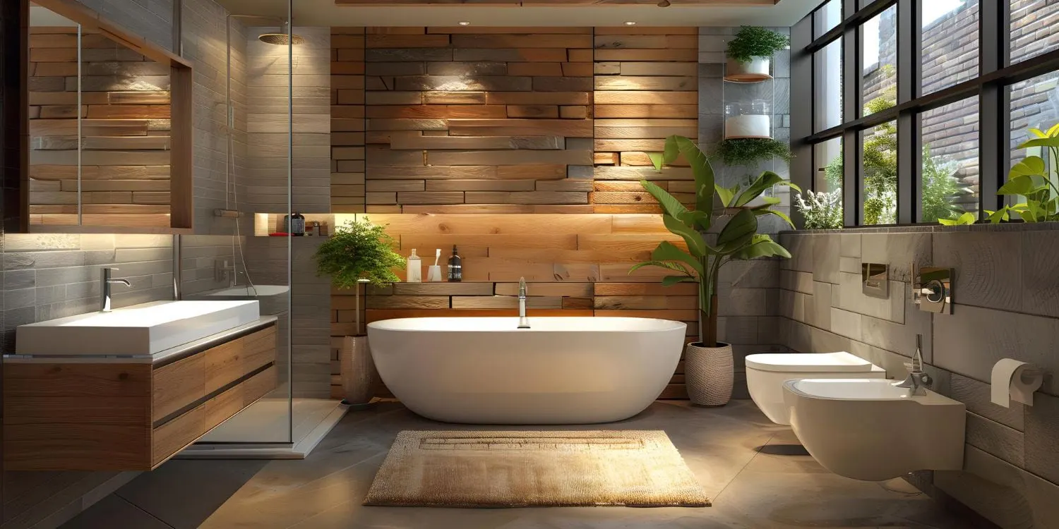 Ein Badezimmer mit Badewanne, Waschbecken, Toilette und Fenster.