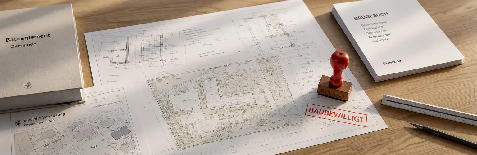 Schreibtisch mit Architekturplänen, einem roten Stempel, gestapelten Papieren und Stiften auf einer Holzoberfläche.