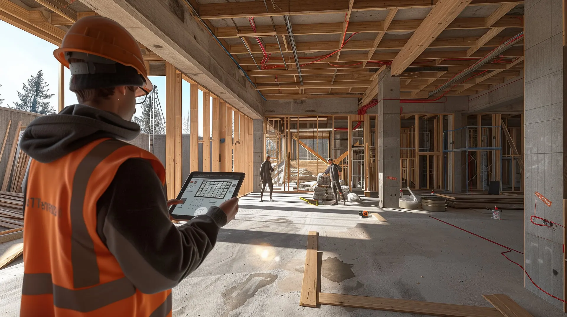 Bauarbeiter in orangefarbener Weste und Schutzhelm benutzt ein Tablet auf einer Baustelle; hölzernes Fachwerk ist sichtbar.