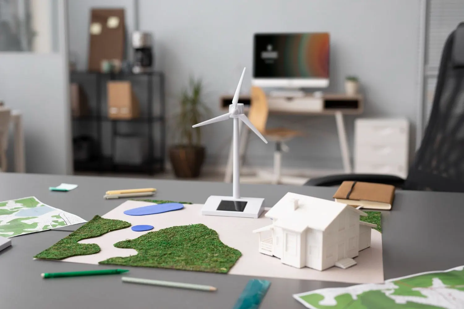 Miniaturmodelle von Windkraftanlagen, Häusern und Landschaften auf einem Schreibtisch in einem Büro.