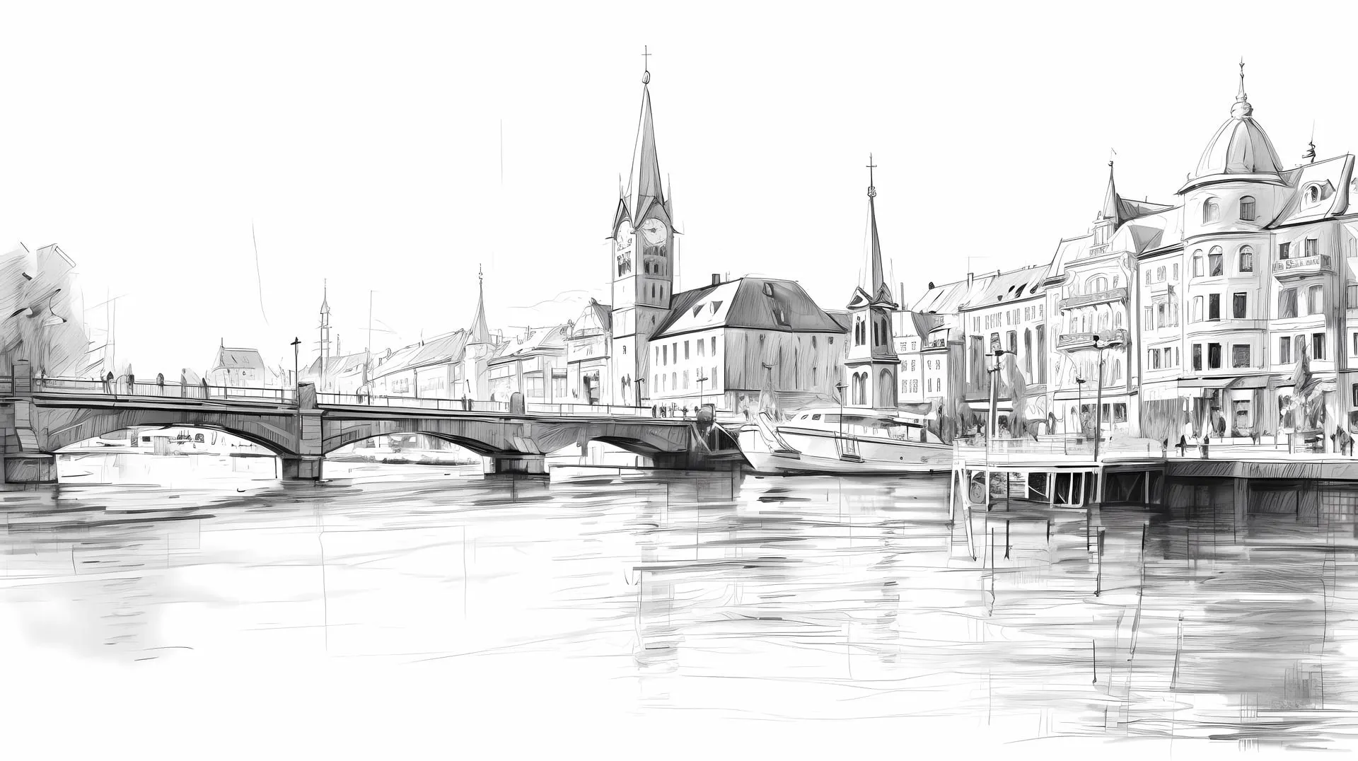 Eine Schwarzweisszeichnung einer Stadt mit einer Brücke über einem Fluss.