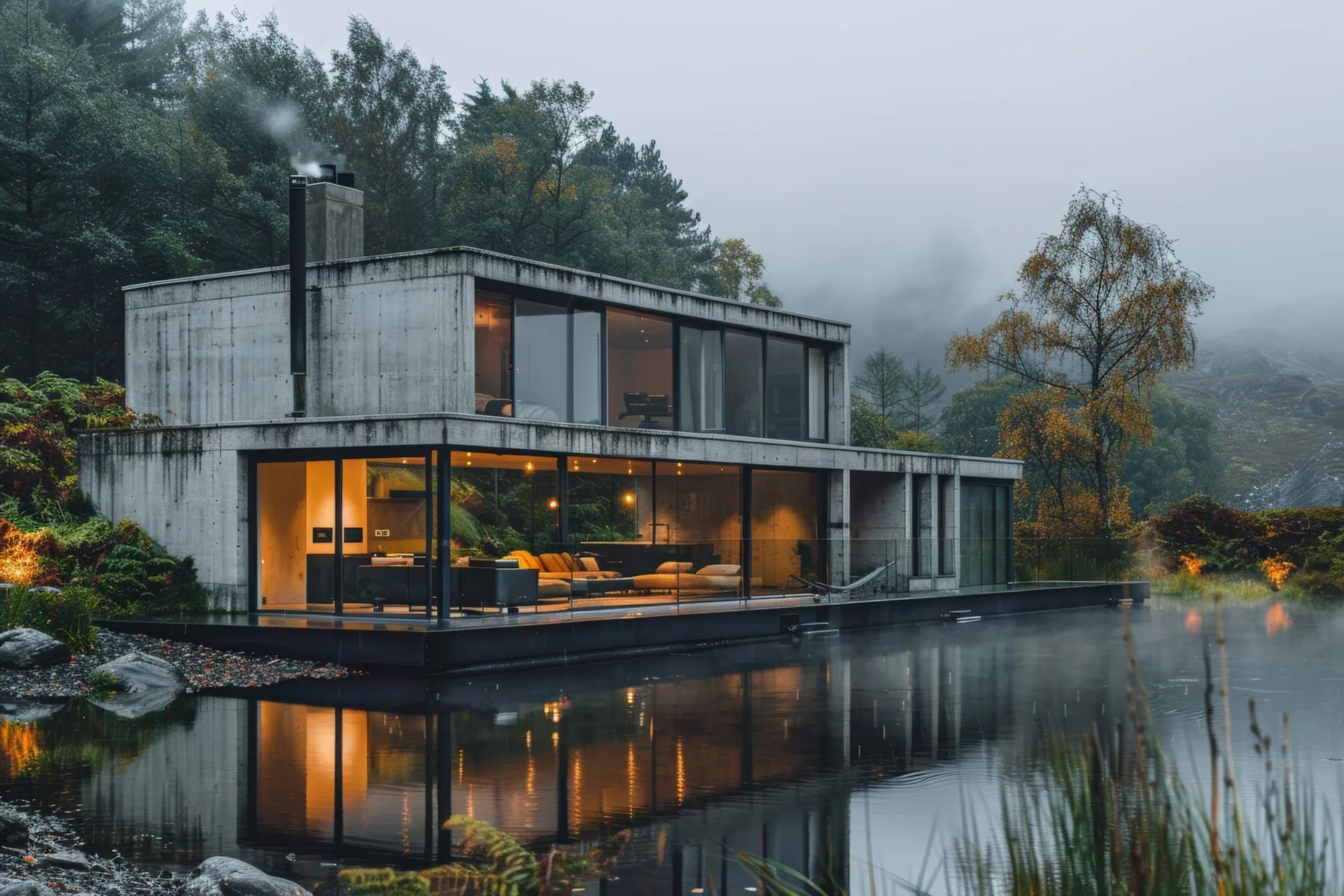 Ein modernes Haus steht neben einem See mitten in einem Wald.