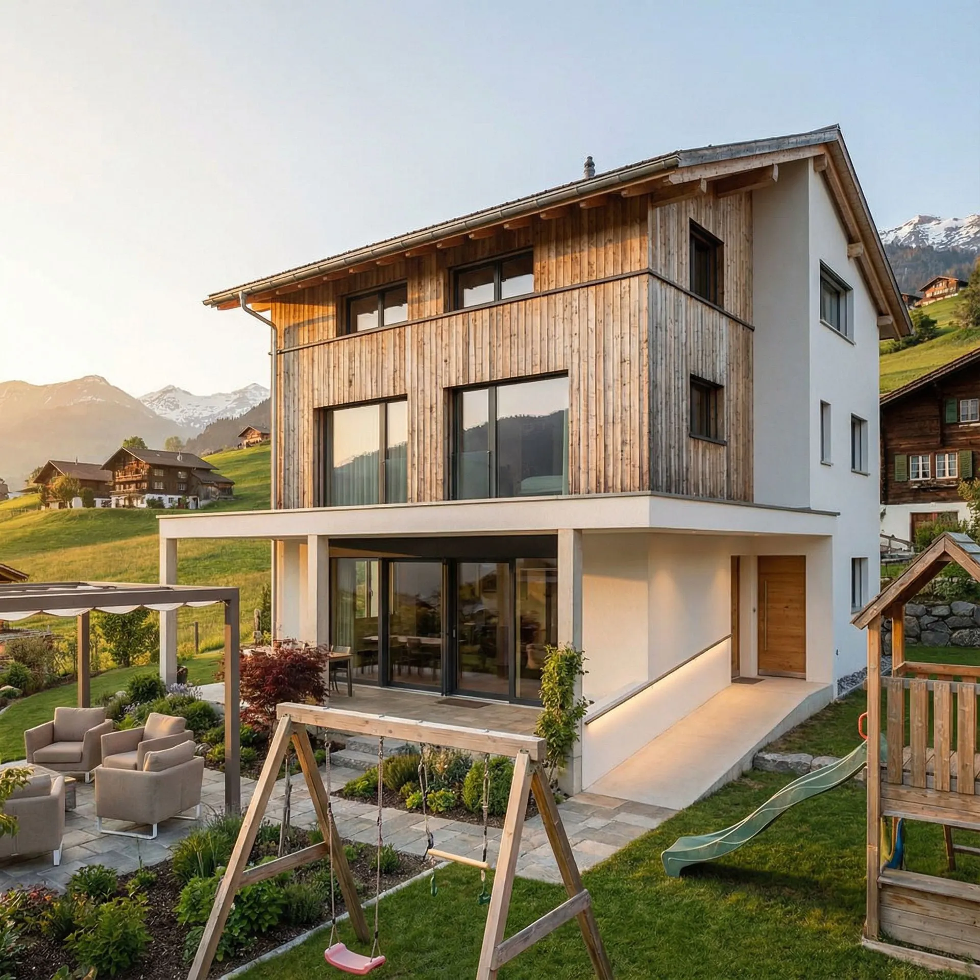 Modernes zweistöckiges Haus mit Holzverkleidung und weissem Stuck, am Hang mit Bergblick und Spielplatz.