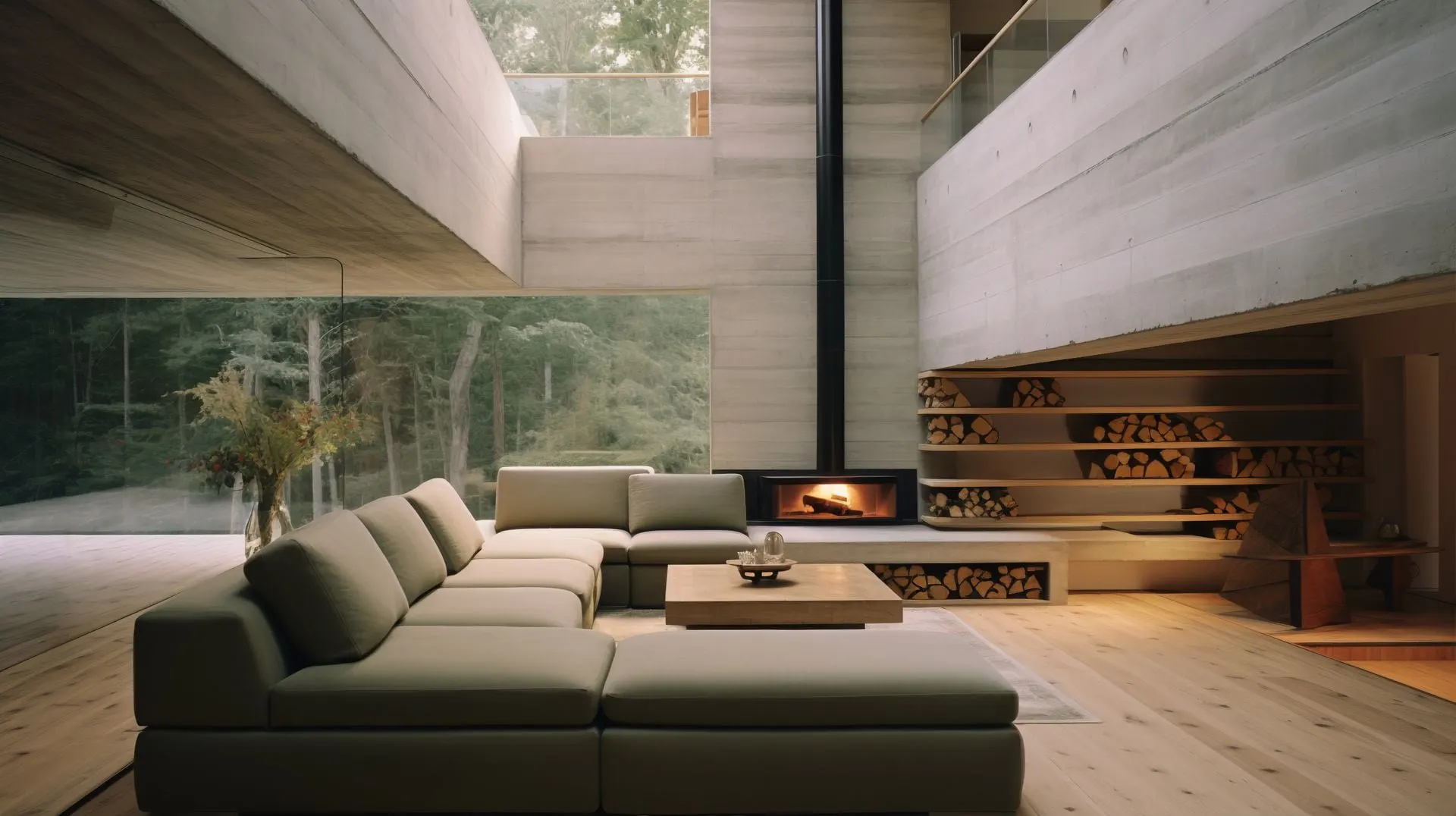 Ein Wohnzimmer mit einem grossen Sofa und einem Kamin.
