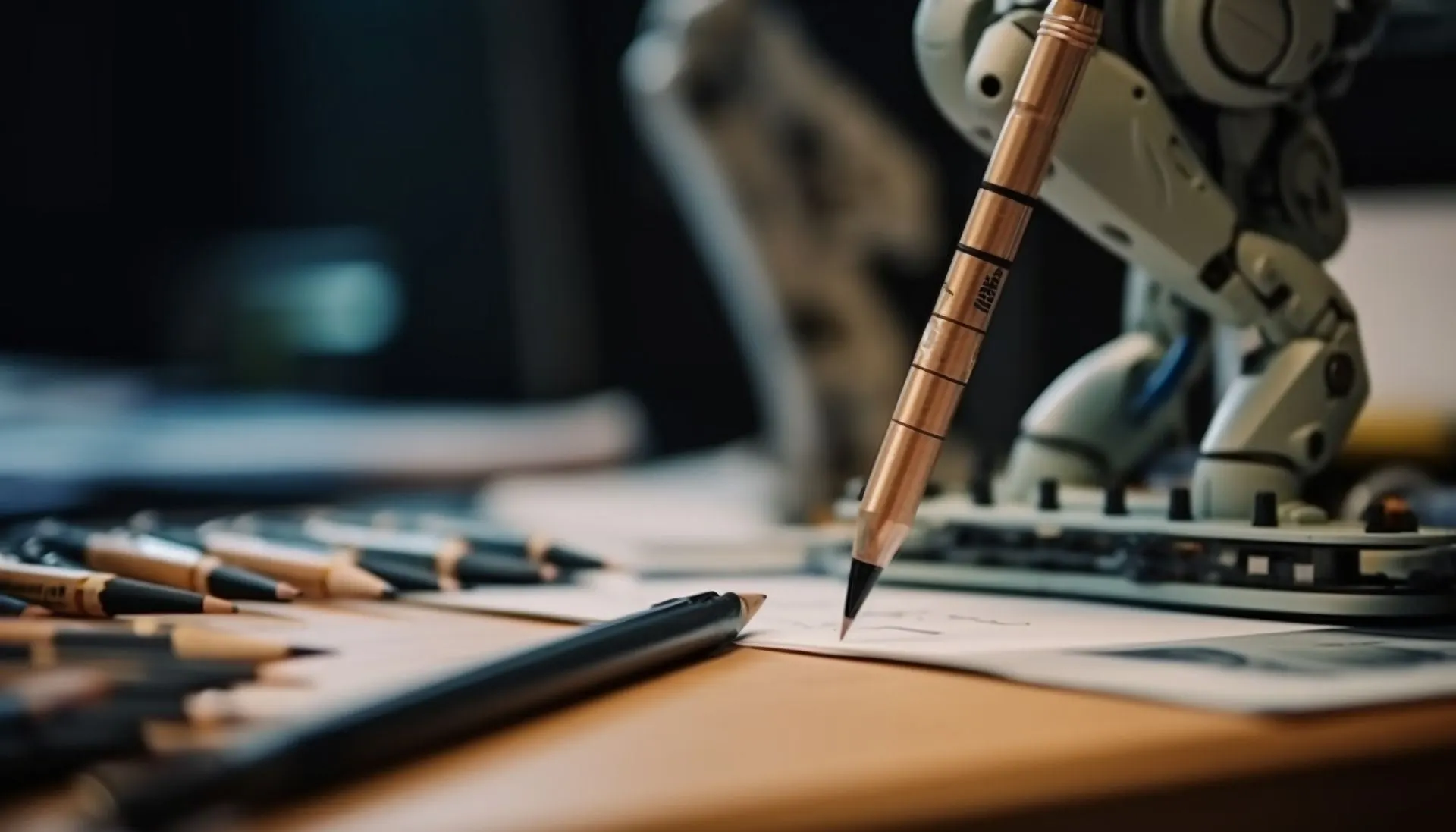 Ein Roboter schreibt mit einem Bleistift auf ein Blatt Papier.