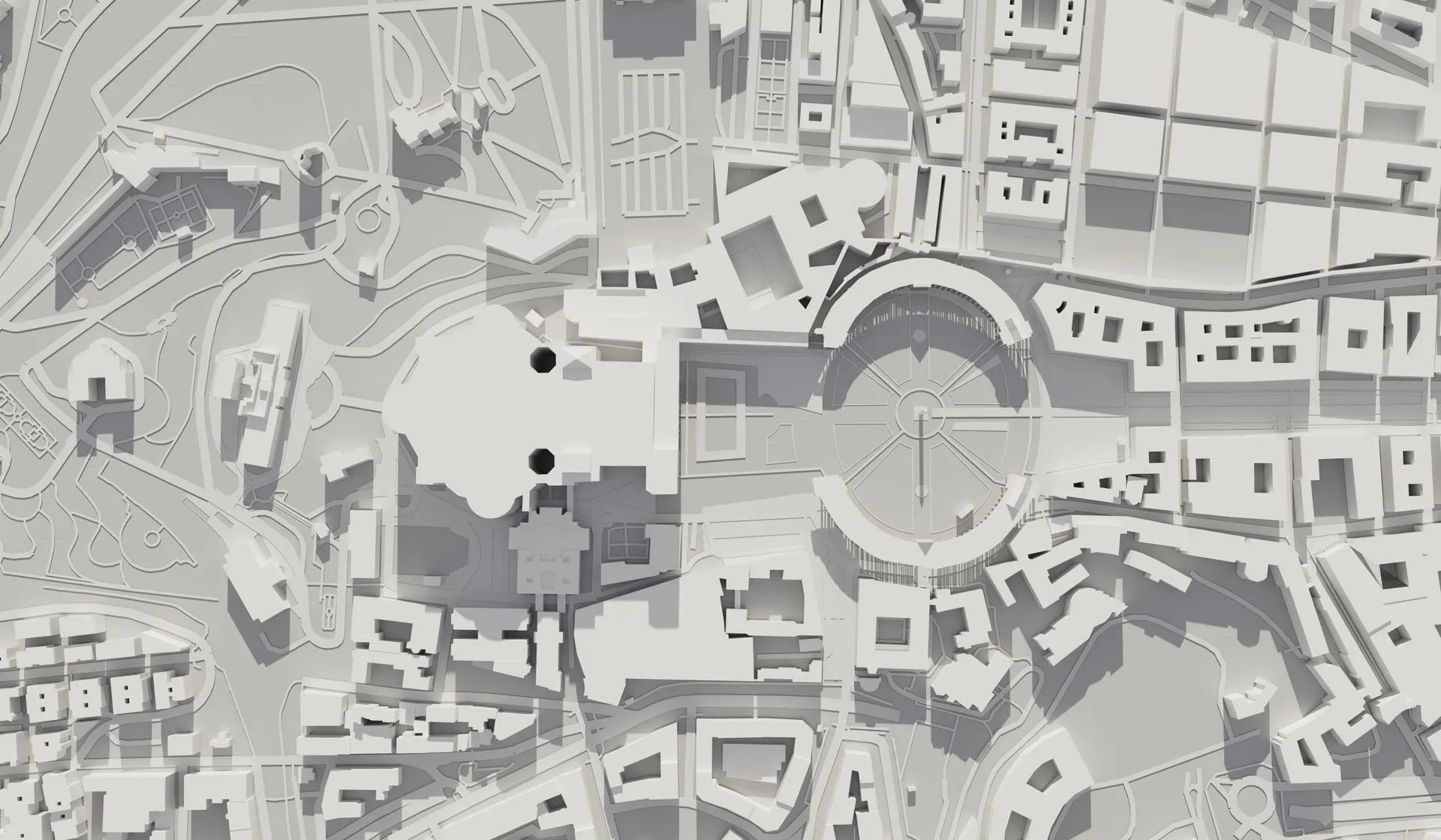 Eine schwarz-weisse Karte einer Stadt mit einer Uhr in der Mitte.