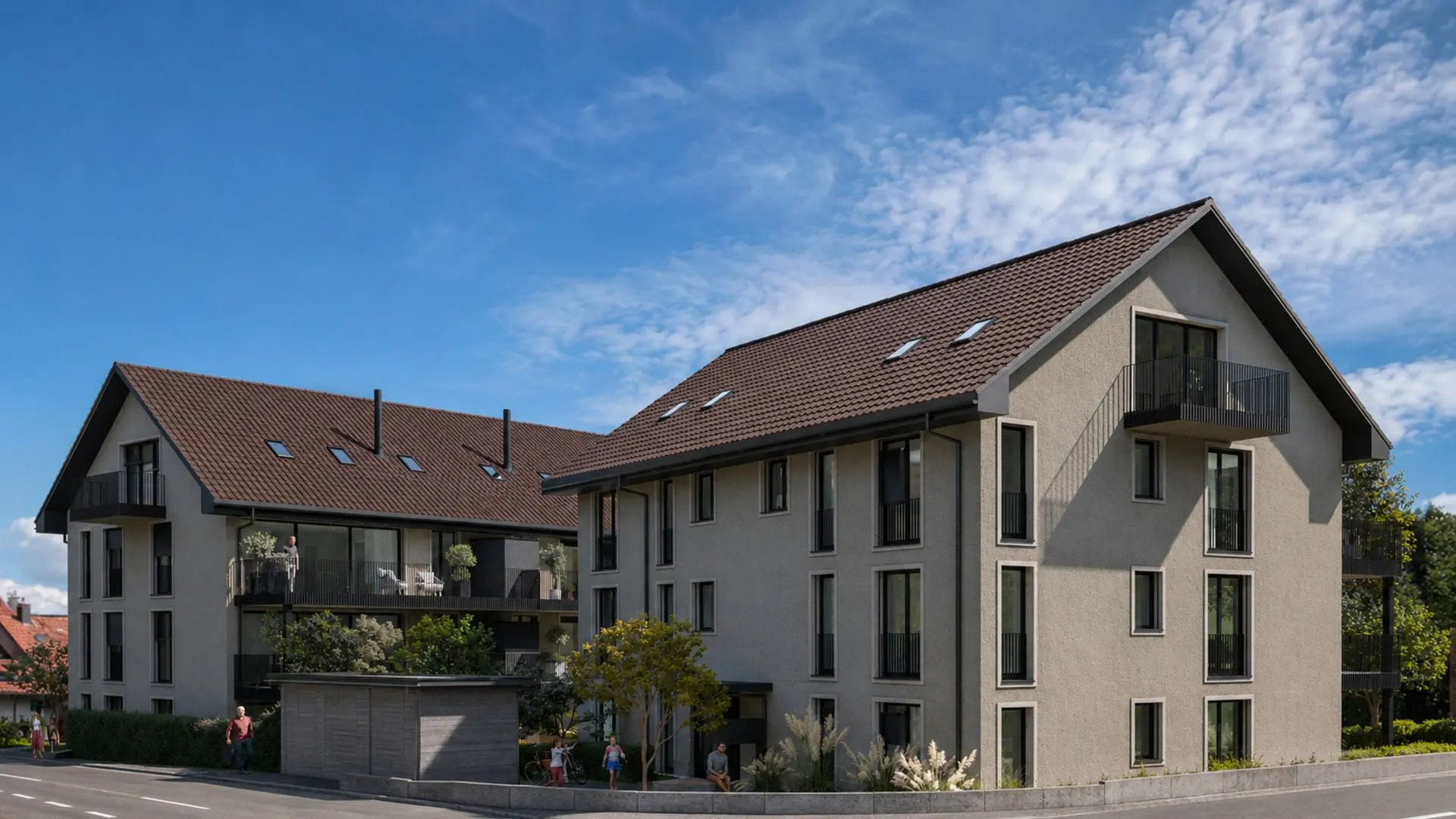 Modernes Mehrfamilienhaus mit hellgrauer Fassade, braunem Dach und blauem Himmel.