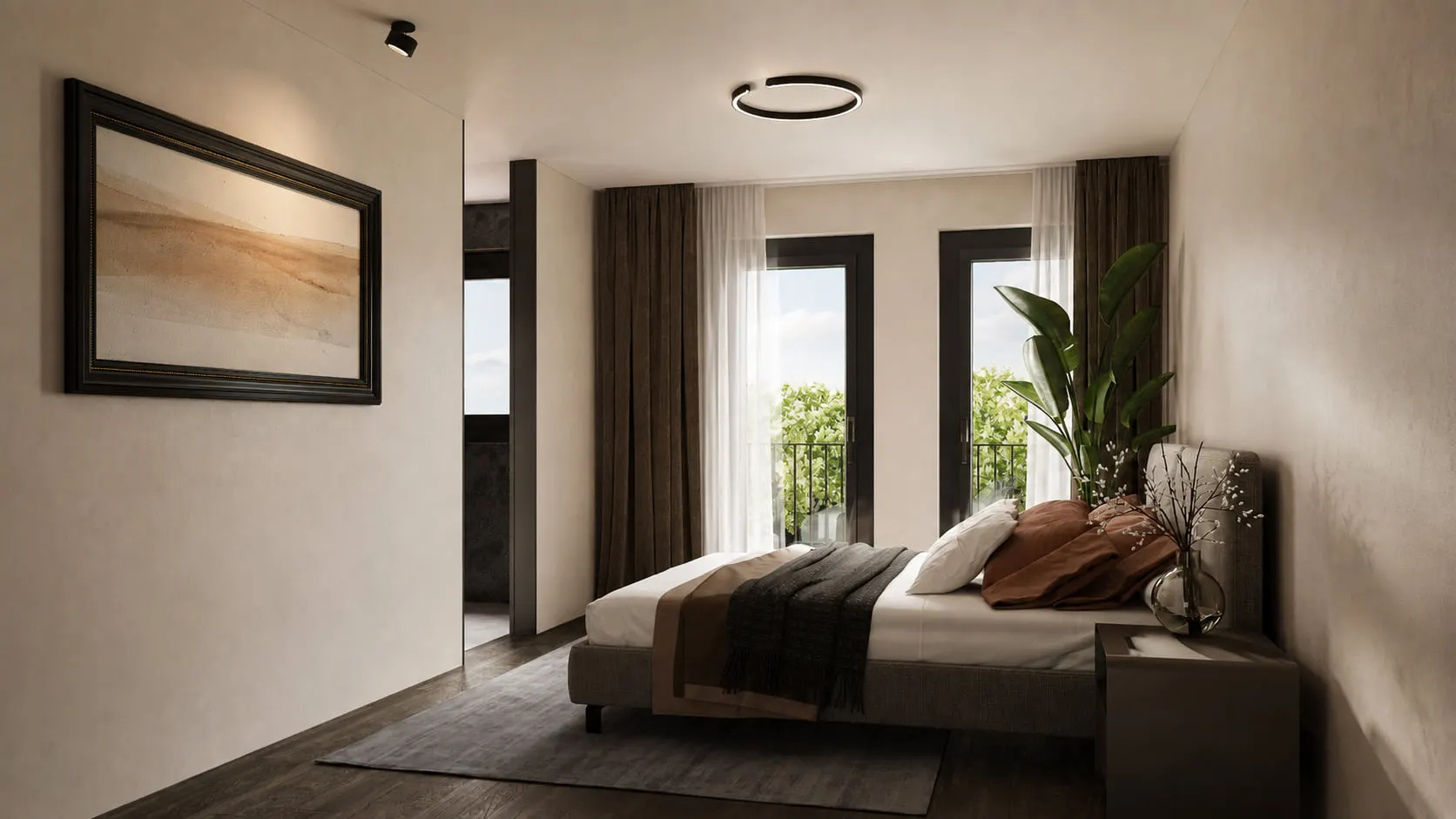 Schlafzimmereinrichtung mit Bett, Kunst, Fenster und neutralen Farben.